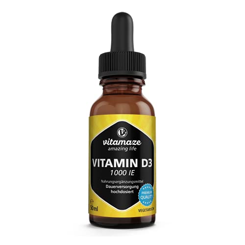 Vitamaze® Vitamine D3 Gouttes Fortes Doses 1000 UI, 50 ml (1750 Gouttes) végétarien, Vitamine D avec Cholecalciférol, Haute Biodisponibilité, Qualité Allemande, sans Additifs Inutiles
