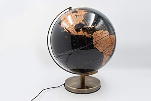 Mascagni 20ZO1150 Globe Terrestre décoratif Lumineux Noir-Mappemonde-Eclairage LED-Base en métal Finition cuivre-Diamètre 30 cm