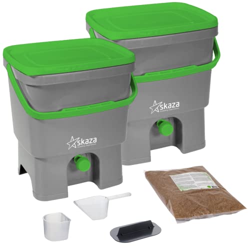 Skaza Bokashi Organko Set (2 x 16 litres) | 2X Bio Composteur de Cuisine et Jardin Exterieur en Plastique Recyclé (Gris-Vert) | Kit de Démarrage avec Activateur de Fermentation Bokashi Organko 1 kg