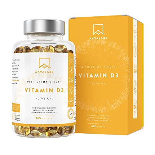 Vitamine D3 Naturelle Haute Concentration 5000 UI - Vitamine D avec Huile d’Olive Extra Vierge pour Absorption Optimale - Vitamines pour les Fonctions Osseuse, Musculaire, Immunitaire - 365 Gélules