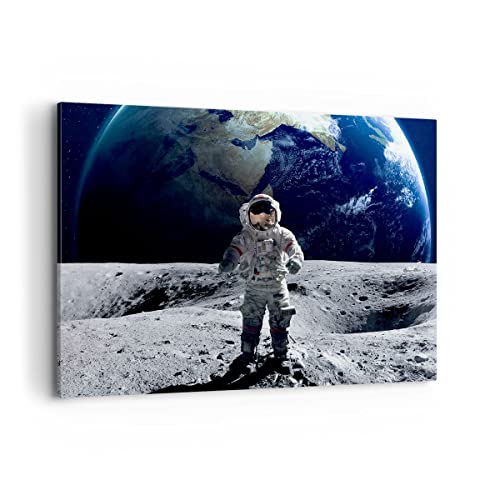 Impression sur toile - Image sur Toile - Un élément - Astronaute Lune Terre espace - 120x80cm - Decoration murale - Encadrée - Tableau Mural - Tableaux pour la mur - Moderne - AA120x80-2864