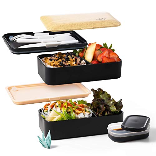 Atthys - Lunch Box Bambou/Noir | Bento Japonais Design 3 Couverts Offerts | Bento Box 2 Compartiments Hermétiques 1200 ML | Micro-Ondes Lave-Vaisselle | Boîte Déjeuner Bois Adulte ou Enfant