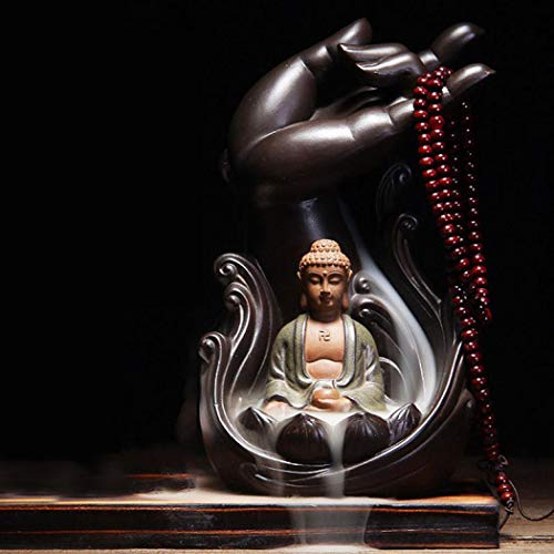Xudrez Brûleur d’encens en céramique à refoulement fait à la main décoratif en forme de Bouddha avec10 cônes d’encens et boîte cadeau