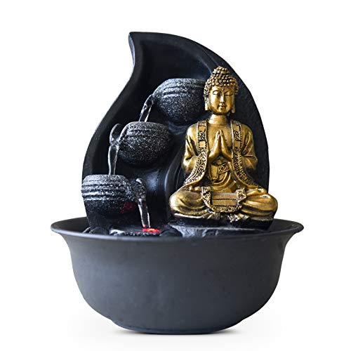 Zen Light Praya Fontaine d’Intérieur avec Pompe et Eclairage LED, Résine, Gold