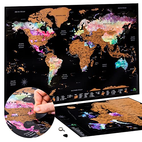 ATLAS & GREEN Poster Carte du Monde a Gratter | Planisphère à Gratter | Scratch Map Aquarelle Nébuleuse | Carte Europe + Kit d'accessoires et Tube Inclus