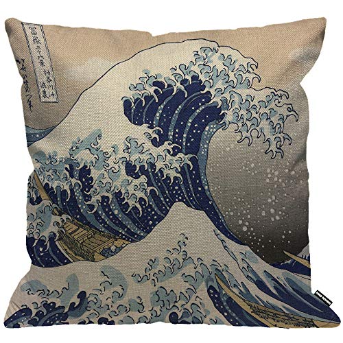 HGOD DESIGNS Housses de Coussin Vague japonais Hokusai le grand vague de Kanagawa Taies d'oreillers Maison Décoration Pour Hommes Femmes Garçon Fille Chambre Salon Canapé Coussins Oreillers 45x45 cm