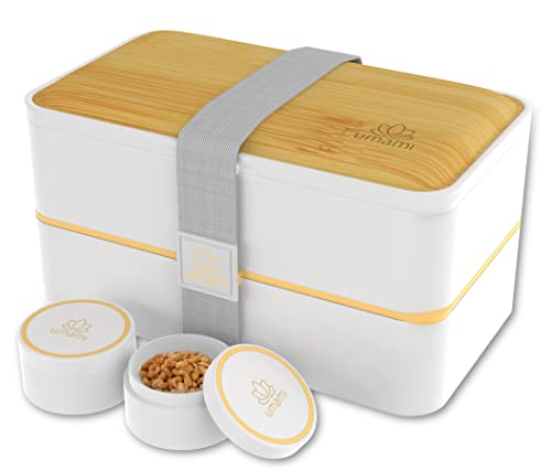 UMAMI Bento Lunch Box, Inclus 4 Couverts en Bois & 2 Pots à Sauce Étanches, Boite Repas Hermétique avec Compartiment, Lunchbox Micro-Ondable & Lave-vaisselle, Bento Box Japonais, Cadeau St Valentin