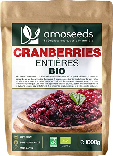 Cranberries Entières Bio 1KG | Sans sucre ajouté, naturellement sucrées au jus de pomme | Qualité Supérieure