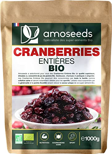 Cranberries Entières Bio 1KG | Sans sucre ajouté, naturellement sucrées au jus de pomme | Qualité Supérieure