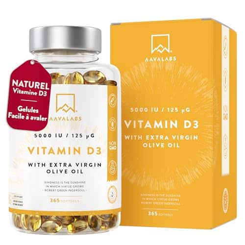 Vitamine D3 Naturelle Haute Concentration 5000 UI - Vitamine D avec Huile d’Olive Extra Vierge pour Absorption Optimale - Vitamines pour les Fonctions Osseuse, Musculaire, Immunitaire - 365 Gélules