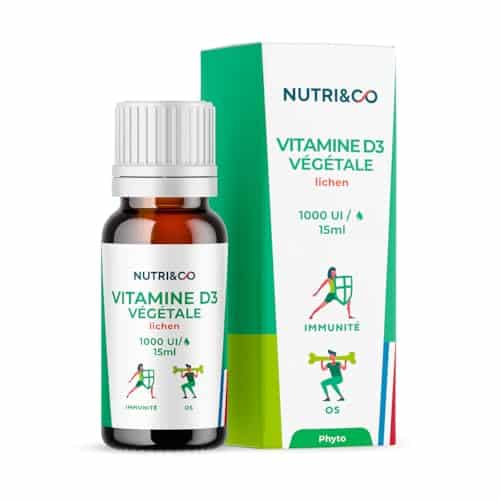 NUTRI & CO Vitamine D3 Végétale issue du Lichen 100% Naturelle - 1000 U.I par Goutte - 2000 UI/j - Flacon 15ml - Santé des Os & Immunité - pour Adultes et Enfants - Vegan Fabriqué en France