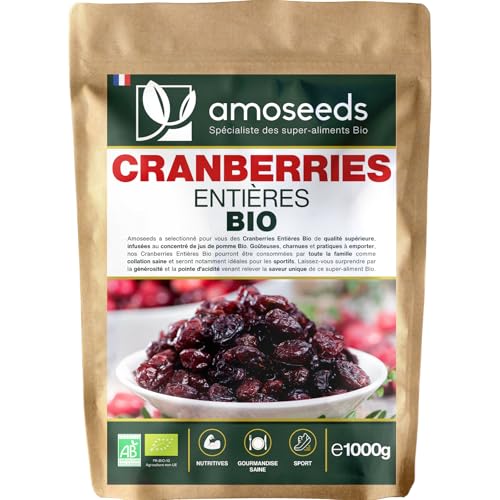Cranberries Entières Bio 1KG | Sans sucre ajouté, naturellement sucrées au jus de pomme | Qualité Supérieure