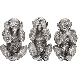 Ensemble de trois singes de la sagesse Thorne Antiques en résine vieil argent