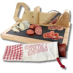 Trancheuse saucisson PZL CONCEPT en bois d'hévéa avec plateau ardoise