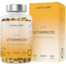 Vitamine D3 Naturelle Haute Concentration 5000 UI - Vitamine D avec Huile d’Olive Extra Vierge pour Absorption Optimale - Vitamines pour les Fonctions Osseuse, Musculaire, Immunitaire - 365 Gélules