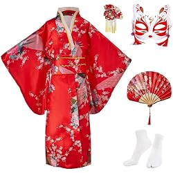 Kimono enfant KRUIHAN rouge à fleurs avec accessoires